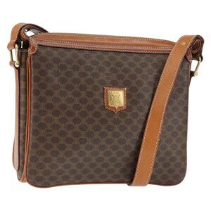 Authentic CELINE Macadam Canvas Shoulder Bag PVC Leather Brown Gold